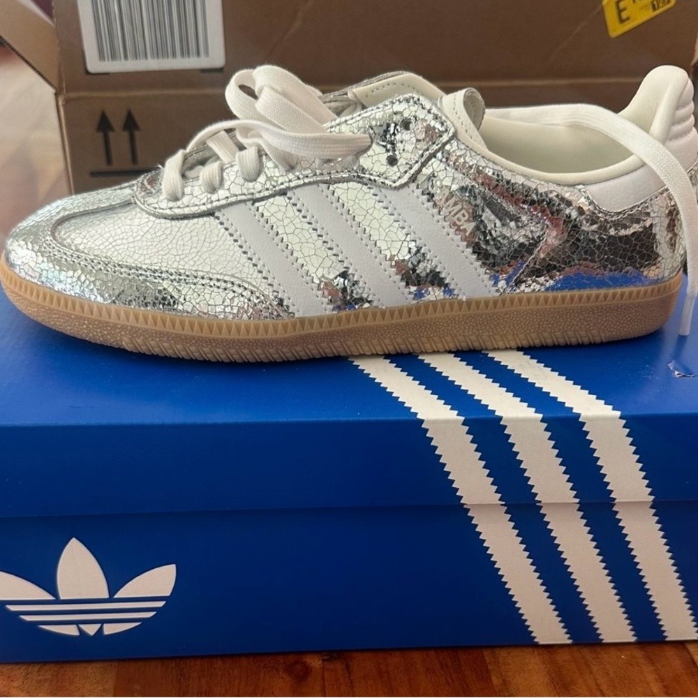 Adidas Women’s Metallic Silver & Gum Sole Sneakers